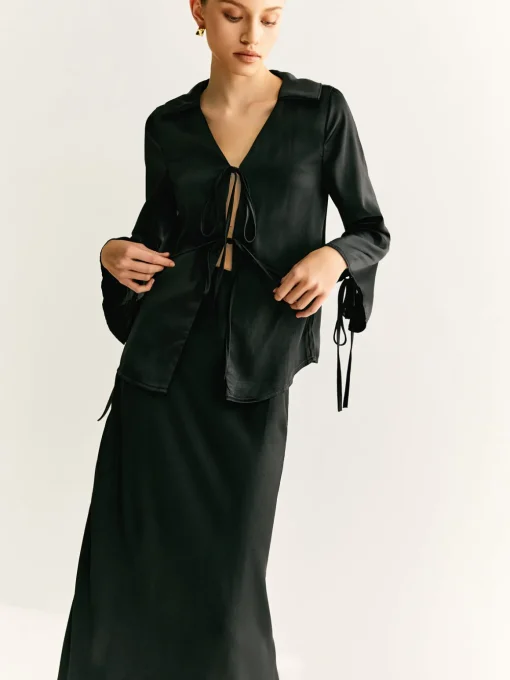 COMMENSE Skirt Sets|Long Sleeve Sets^Lace Up Satin Midi Skirt Set Black