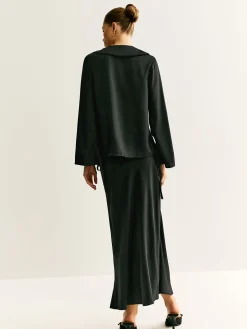 COMMENSE Skirt Sets|Long Sleeve Sets^Lace Up Satin Midi Skirt Set Black