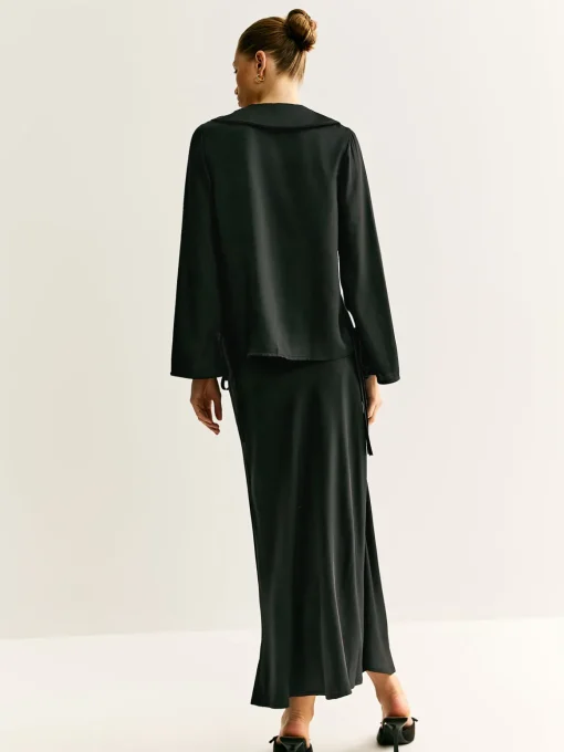 COMMENSE Skirt Sets|Long Sleeve Sets^Lace Up Satin Midi Skirt Set Black