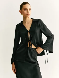 COMMENSE Skirt Sets|Long Sleeve Sets^Lace Up Satin Midi Skirt Set Black