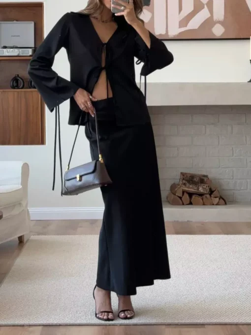 COMMENSE Skirt Sets|Long Sleeve Sets^Lace Up Satin Midi Skirt Set Black