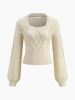 COMMENSE Knitwear|Tops^Lantern Sleeve Cinched Waist Twist Sweater Apricot