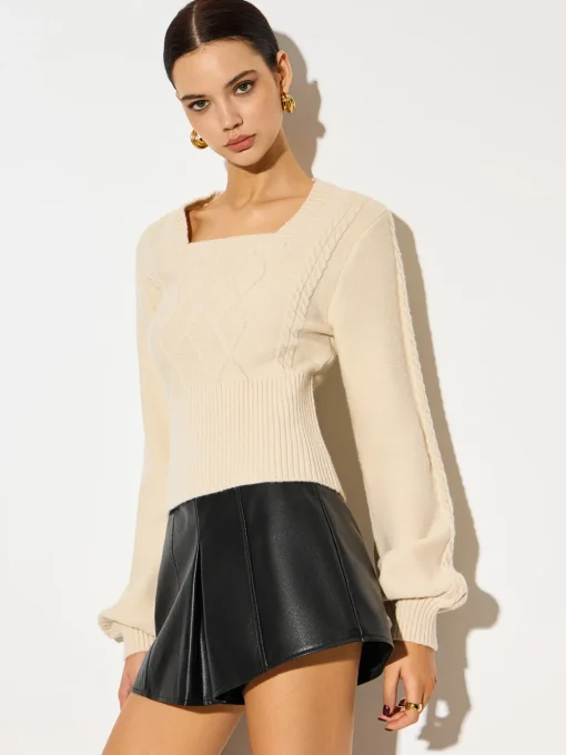 COMMENSE Knitwear|Tops^Lantern Sleeve Cinched Waist Twist Sweater Apricot