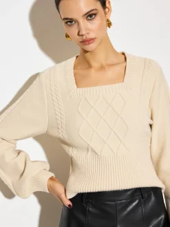 COMMENSE Knitwear|Tops^Lantern Sleeve Cinched Waist Twist Sweater Apricot