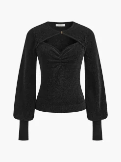 COMMENSE Knitwear|Tops^Lantern Sleeve Sweetheart Pleated Knit Top Black