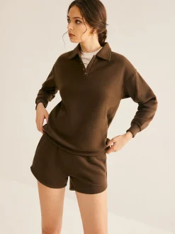 COMMENSE Matching Sets^Lapel Plain Shorts Set Brown