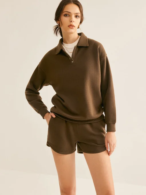 COMMENSE Matching Sets^Lapel Plain Shorts Set Brown