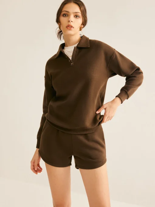 COMMENSE Matching Sets^Lapel Plain Shorts Set Brown