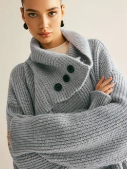 COMMENSE Cardigans|Sweaters & Cardigans^Lapel Scarf Ribbed Long Cardigan LightGrey