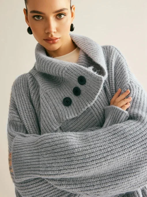 COMMENSE Cardigans|Sweaters & Cardigans^Lapel Scarf Ribbed Long Cardigan LightGrey