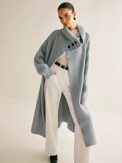 COMMENSE Cardigans|Sweaters & Cardigans^Lapel Scarf Ribbed Long Cardigan LightGrey