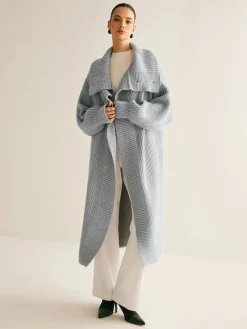 COMMENSE Cardigans|Sweaters & Cardigans^Lapel Scarf Ribbed Long Cardigan LightGrey
