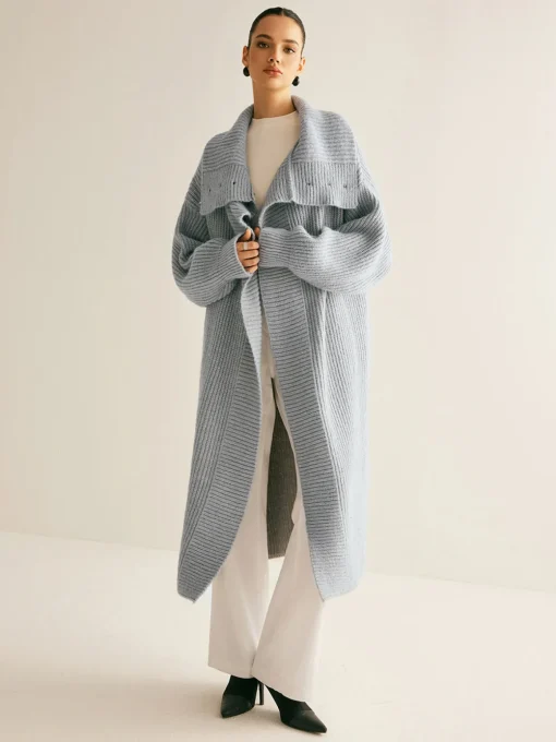 COMMENSE Cardigans|Sweaters & Cardigans^Lapel Scarf Ribbed Long Cardigan LightGrey