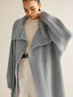 COMMENSE Cardigans|Sweaters & Cardigans^Lapel Scarf Ribbed Long Cardigan LightGrey