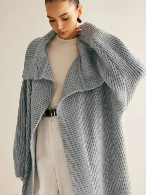 COMMENSE Cardigans|Sweaters & Cardigans^Lapel Scarf Ribbed Long Cardigan LightGrey