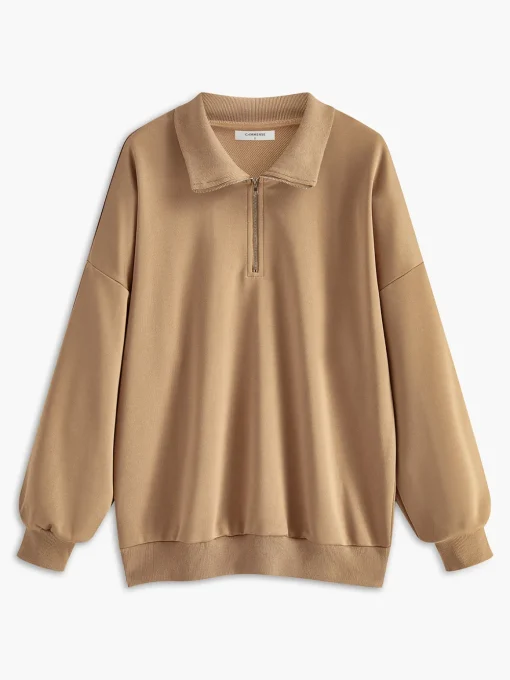 COMMENSE Sweatshirts & Hoodies|Tops^Lapel Zipper Pullover Sweatshirt Khaki