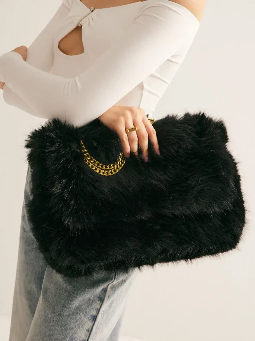 COMMENSE Bags|Accessories^Large Capacity Fuzzy Flap Bag Black