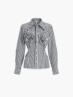 COMMENSE Blouses & Shirts^Large Flower Tie Up Button Shirt Black