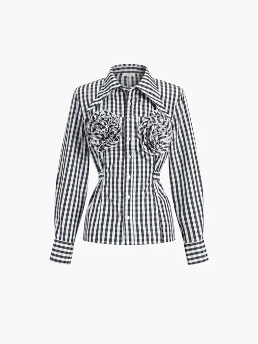 COMMENSE Blouses & Shirts^Large Flower Tie Up Button Shirt Black