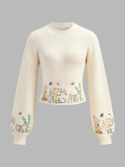 COMMENSE Knitwear|Tops^Leg-Of-Mutton Sleeve Embroidery Cinched Sweater Beige