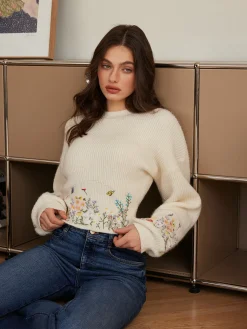 COMMENSE Knitwear|Tops^Leg-Of-Mutton Sleeve Embroidery Cinched Sweater Beige