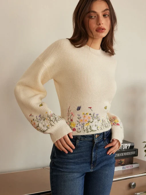 COMMENSE Knitwear|Tops^Leg-Of-Mutton Sleeve Embroidery Cinched Sweater Beige