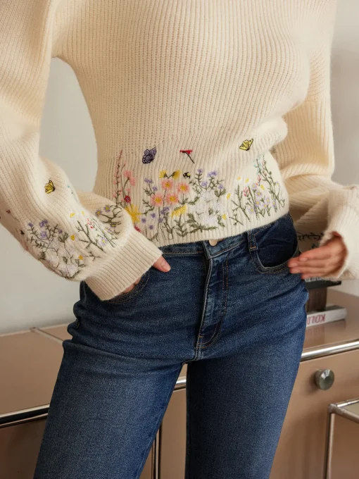 COMMENSE Knitwear|Tops^Leg-Of-Mutton Sleeve Embroidery Cinched Sweater Beige