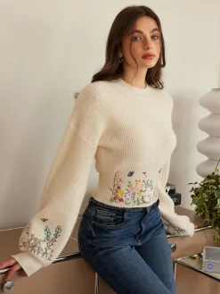 COMMENSE Knitwear|Tops^Leg-Of-Mutton Sleeve Embroidery Cinched Sweater Beige