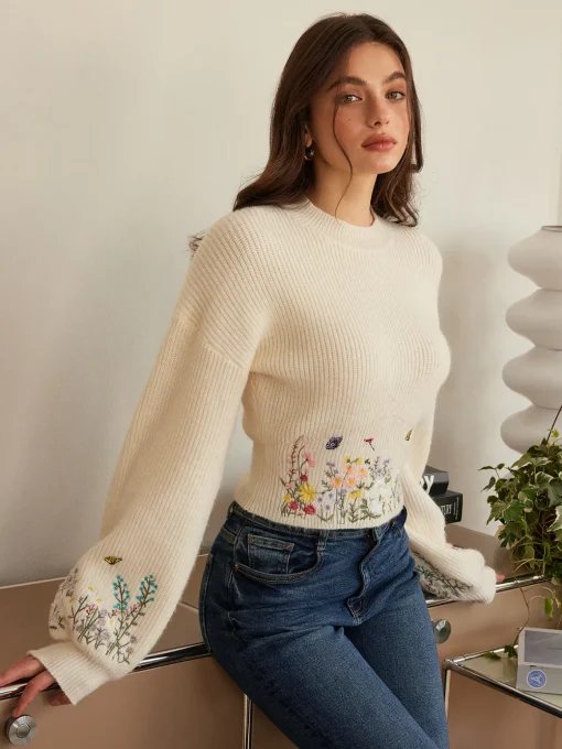 COMMENSE Knitwear|Tops^Leg-Of-Mutton Sleeve Embroidery Cinched Sweater Beige