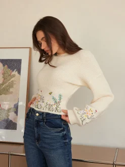 COMMENSE Knitwear|Tops^Leg-Of-Mutton Sleeve Embroidery Cinched Sweater Beige