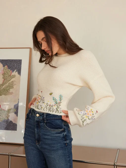 COMMENSE Knitwear|Tops^Leg-Of-Mutton Sleeve Embroidery Cinched Sweater Beige