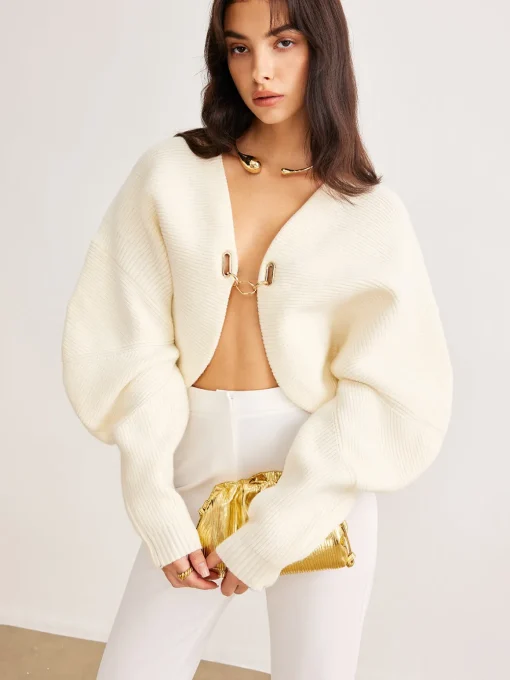 COMMENSE Cardigans|Sweaters & Cardigans^Leg-Of-Mutton Sleeve Metal Cardigan Off-White