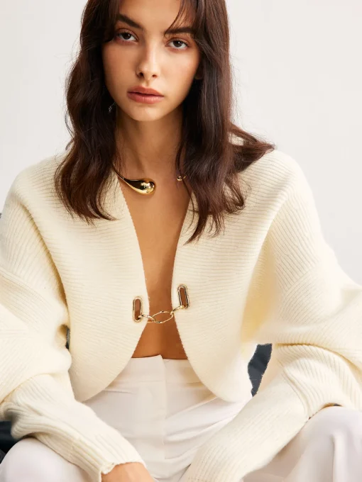 COMMENSE Cardigans|Sweaters & Cardigans^Leg-Of-Mutton Sleeve Metal Cardigan Off-White