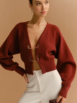COMMENSE Knitwear|Tops^Leg-Of-Mutton Sleeve Metal-Detail Short Cardigan Burgundy