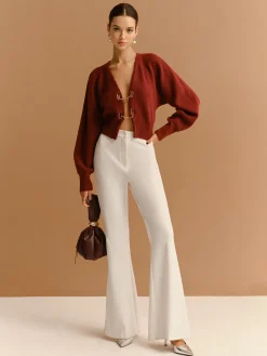 COMMENSE Knitwear|Tops^Leg-Of-Mutton Sleeve Metal-Detail Short Cardigan Burgundy