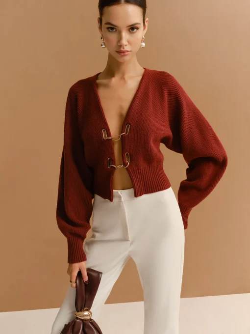 COMMENSE Knitwear|Tops^Leg-Of-Mutton Sleeve Metal-Detail Short Cardigan Burgundy