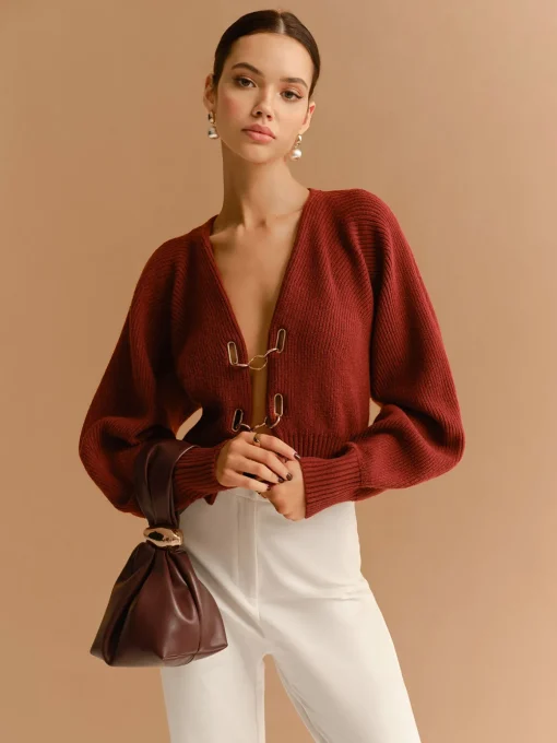 COMMENSE Knitwear|Tops^Leg-Of-Mutton Sleeve Metal-Detail Short Cardigan Burgundy