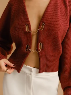 COMMENSE Knitwear|Tops^Leg-Of-Mutton Sleeve Metal-Detail Short Cardigan Burgundy