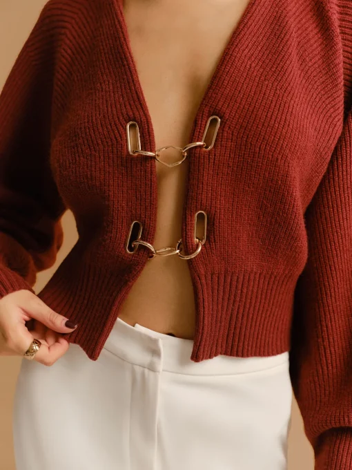COMMENSE Knitwear|Tops^Leg-Of-Mutton Sleeve Metal-Detail Short Cardigan Burgundy