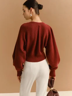 COMMENSE Knitwear|Tops^Leg-Of-Mutton Sleeve Metal-Detail Short Cardigan Burgundy