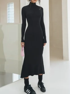 COMMENSE Black Dresses|Sweater Dresses^Leisure Mock Neck Long Sleeve Midi Dress Black