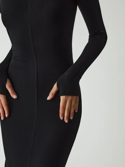 COMMENSE Black Dresses|Sweater Dresses^Leisure Mock Neck Long Sleeve Midi Dress Black