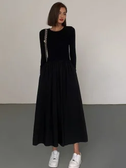 COMMENSE Black Dresses|Casual Dresses^Leisure Pockets Long Sleeve Long Dress Black