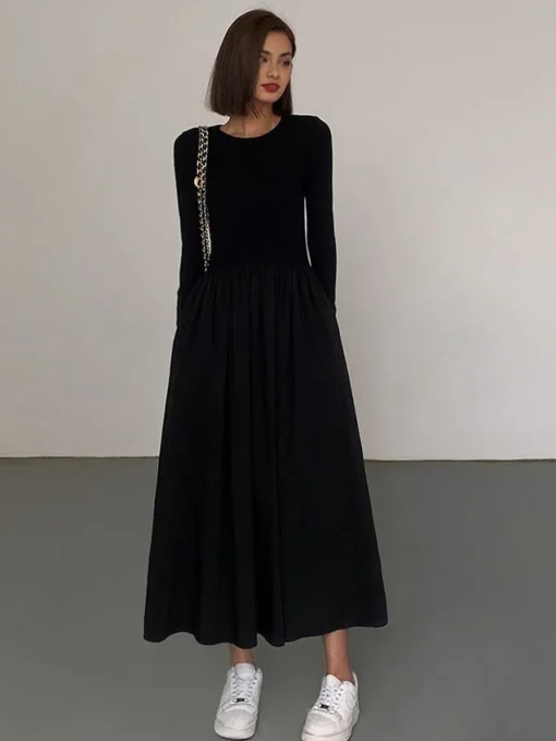 COMMENSE Black Dresses|Casual Dresses^Leisure Pockets Long Sleeve Long Dress Black