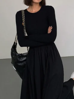 COMMENSE Black Dresses|Casual Dresses^Leisure Pockets Long Sleeve Long Dress Black