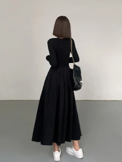 COMMENSE Black Dresses|Casual Dresses^Leisure Pockets Long Sleeve Long Dress Black