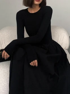 COMMENSE Black Dresses|Casual Dresses^Leisure Pockets Long Sleeve Long Dress Black