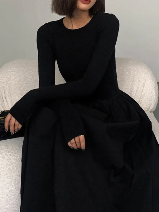 COMMENSE Black Dresses|Casual Dresses^Leisure Pockets Long Sleeve Long Dress Black
