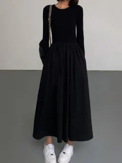 COMMENSE Black Dresses|Casual Dresses^Leisure Pockets Long Sleeve Long Dress Black