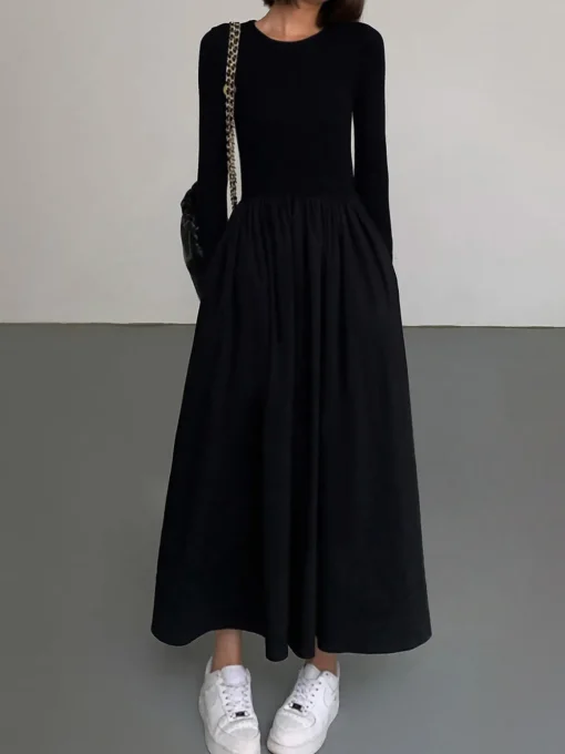 COMMENSE Black Dresses|Casual Dresses^Leisure Pockets Long Sleeve Long Dress Black